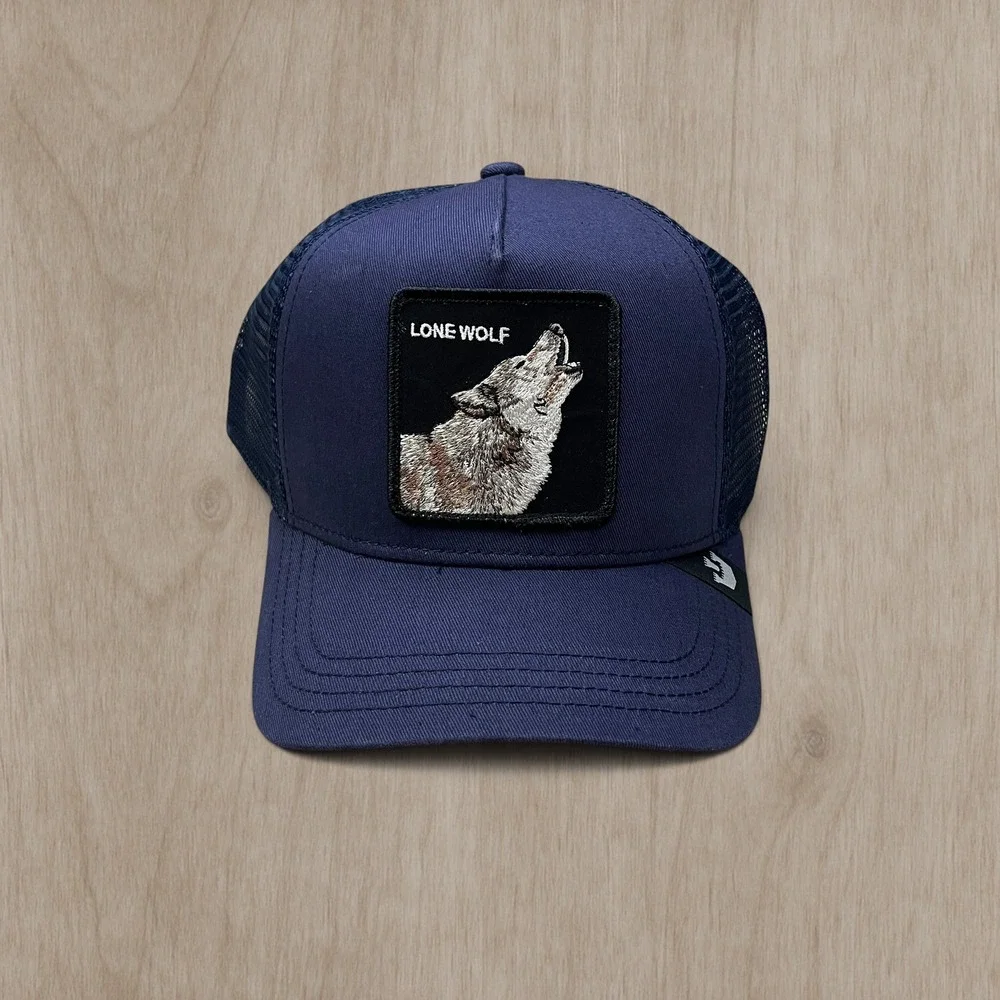 Goorin Bros Lone Wolf Trucker Hat Navy Blue Animal Farm Wolf Patch Snapback Cap
